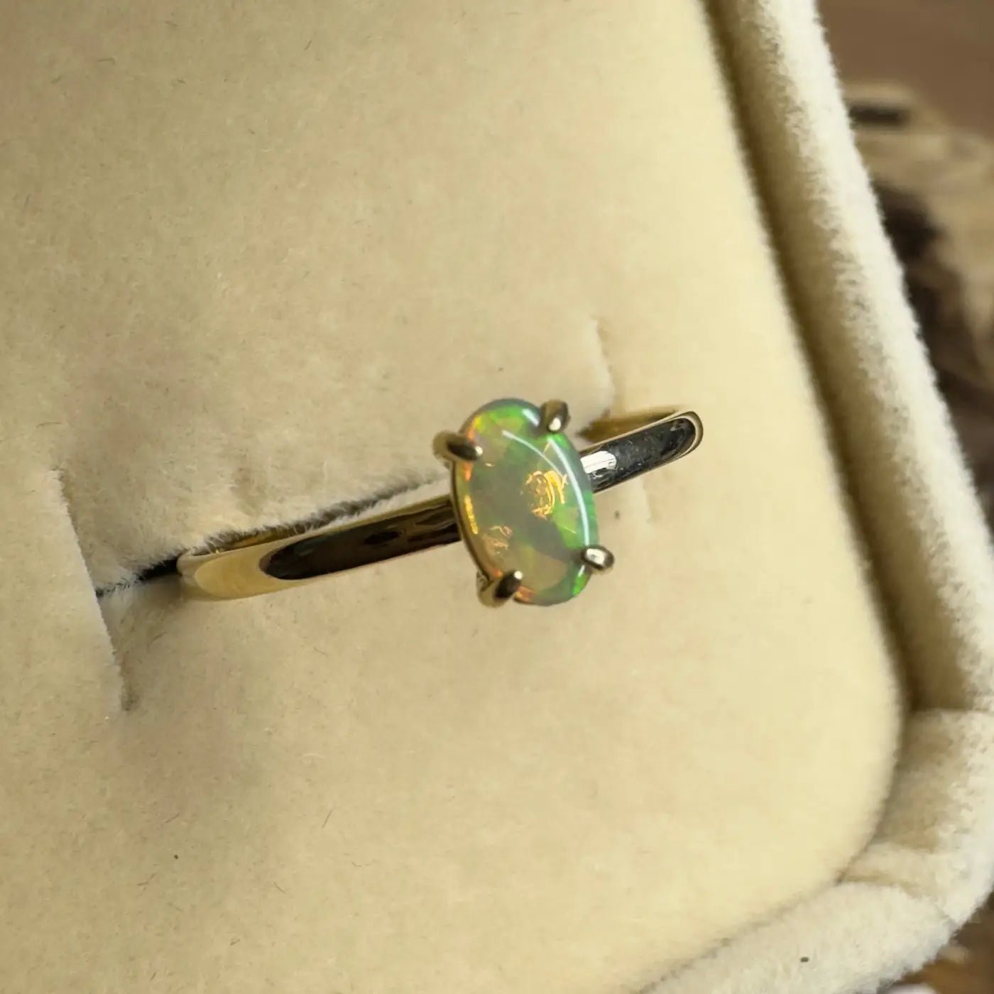 ‘Emerald Billabong' ~ Handcrafted 0.8ct Solid Lightning Ridge Crystal Opal 9ct Yellow Gold Ring