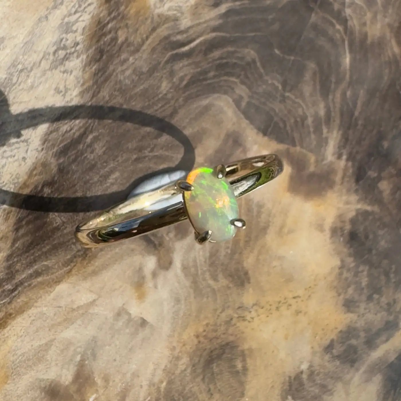 ‘Emerald Billabong' ~ Handcrafted 0.8ct Solid Lightning Ridge Crystal Opal 9ct Yellow Gold Ring