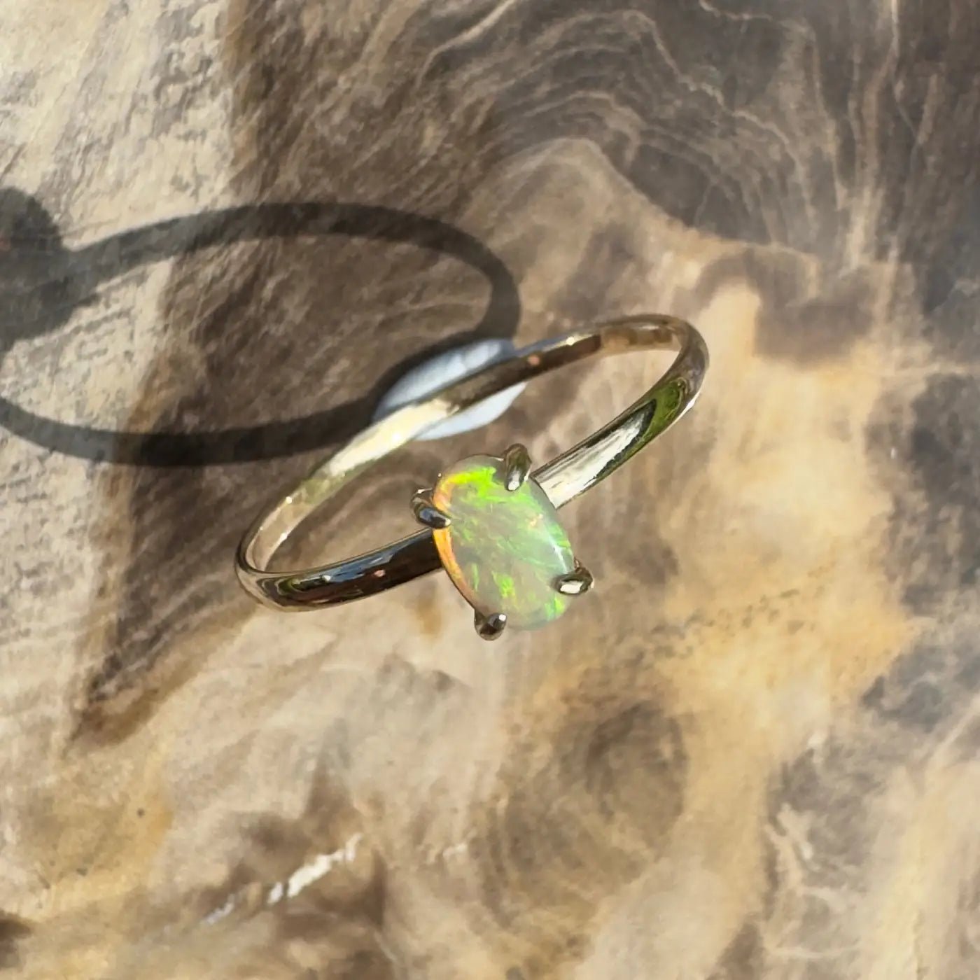 ‘Emerald Billabong' ~ Handcrafted 0.8ct Solid Lightning Ridge Crystal Opal 9ct Yellow Gold Ring