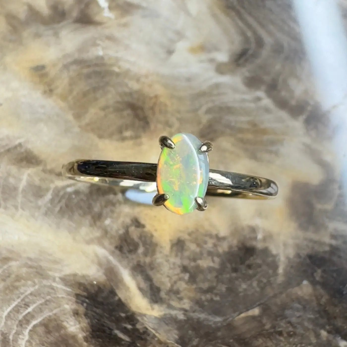 ‘Emerald Billabong' ~ Handcrafted 0.8ct Solid Lightning Ridge Crystal Opal 9ct Yellow Gold Ring