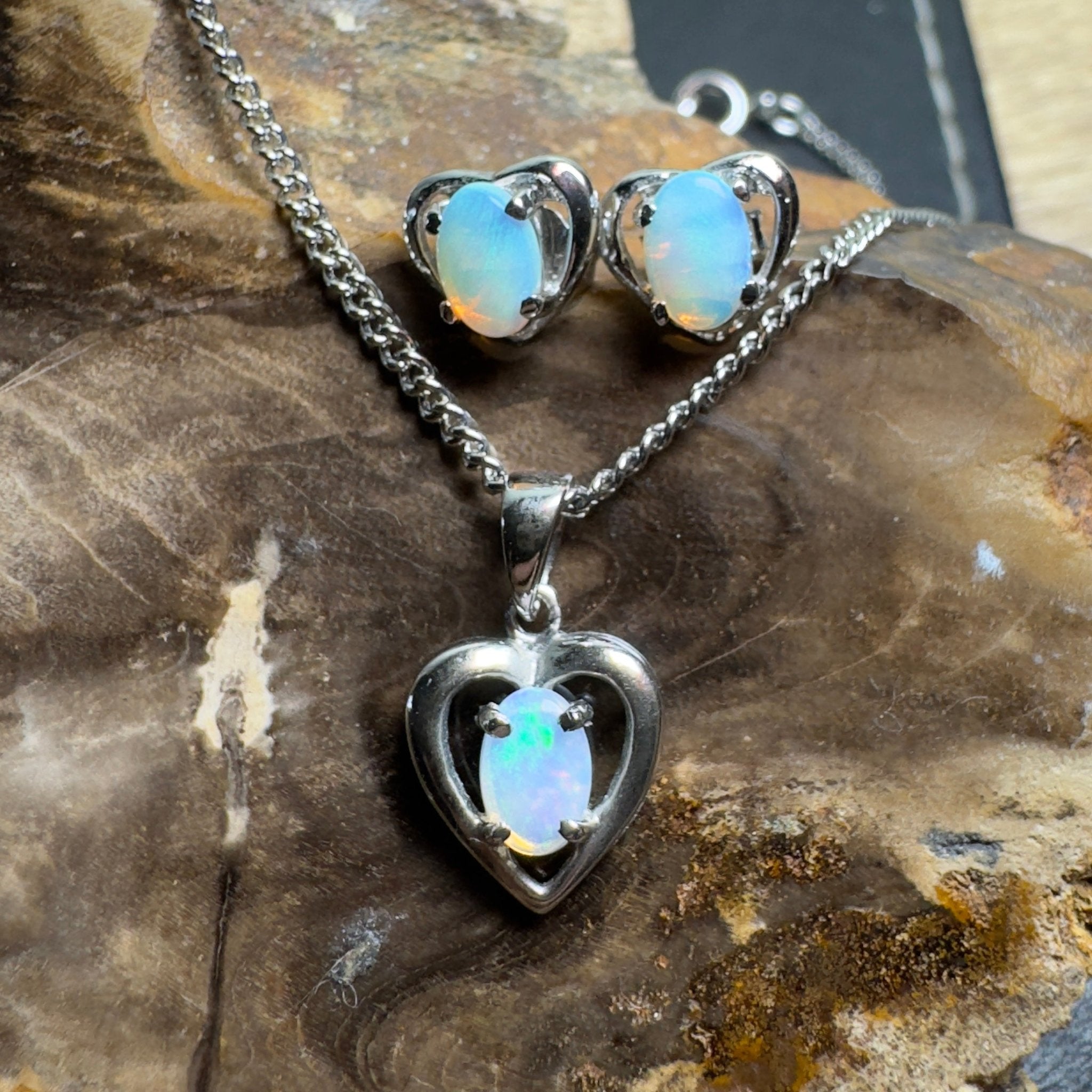 Endless Blue - 1.2ct Lightning Ridge Opal 925 Silver Earrings and Pendant set