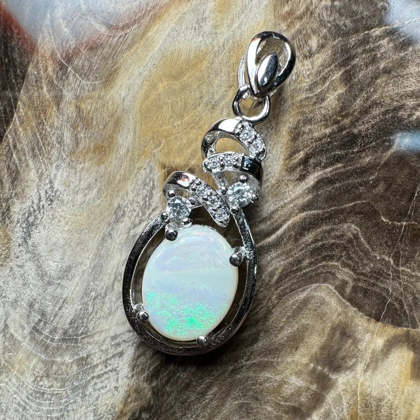 ‘Esperance Tide' ~ Handcrafted 1.6ct Solid Coober Pedy Opal and Cubic Zirconia 925 Sterling Silver Pendant Necklace