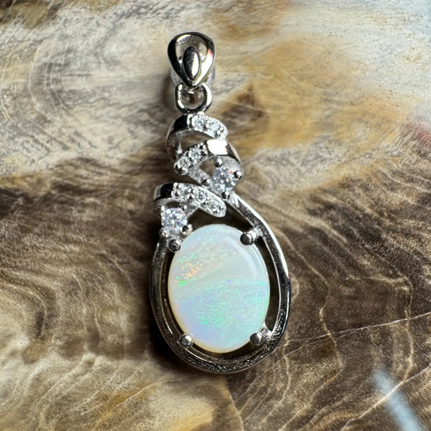 ‘Esperance Tide' ~ Handcrafted 1.6ct Solid Coober Pedy Opal and Cubic Zirconia 925 Sterling Silver Pendant Necklace