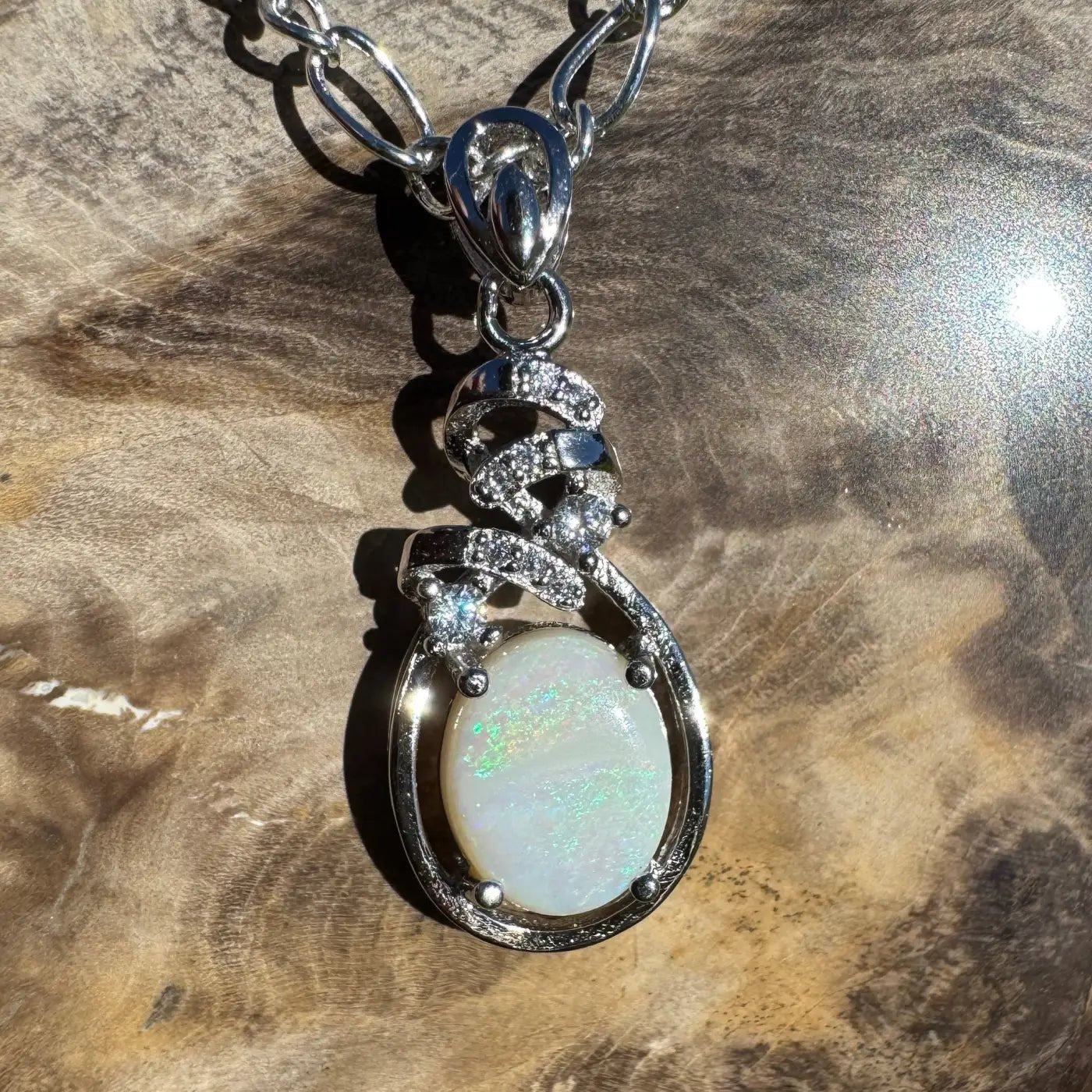 ‘Esperance Tide' ~ Handcrafted 1.6ct Solid Coober Pedy Opal and Cubic Zirconia 925 Sterling Silver Pendant Necklace