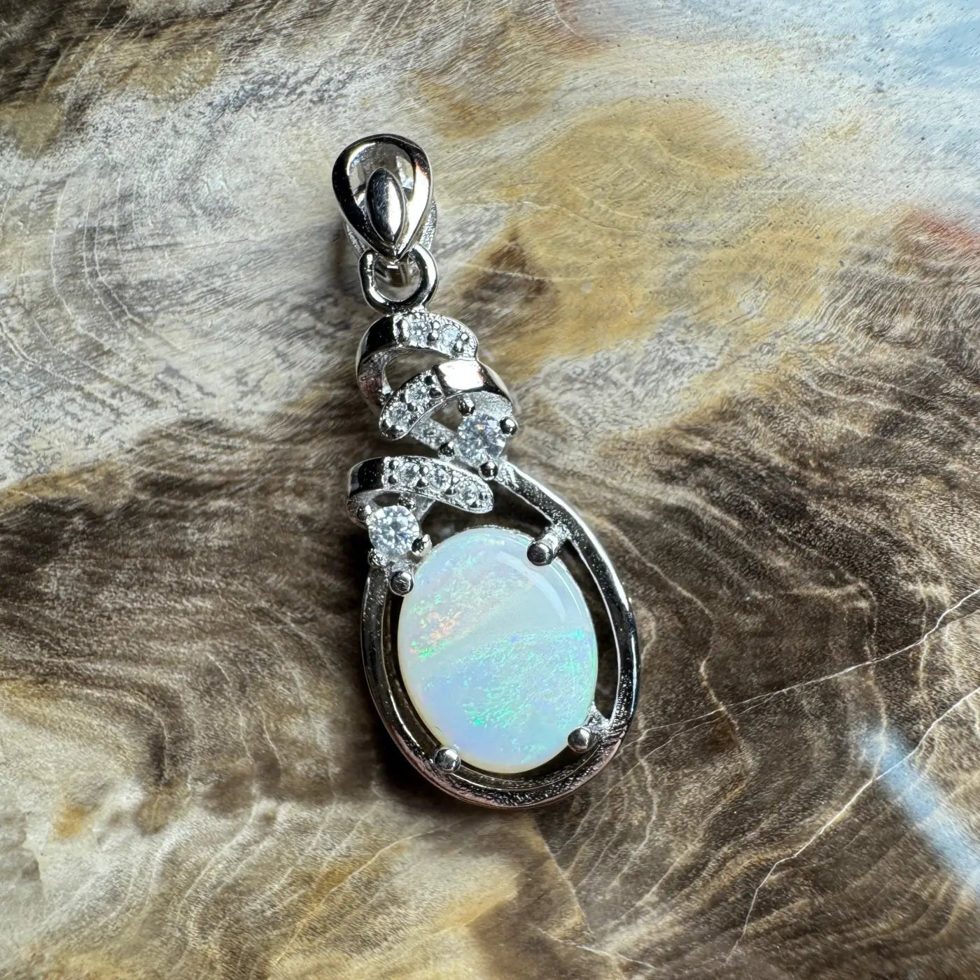 ‘Esperance Tide' ~ Handcrafted 1.6ct Solid Coober Pedy Opal and Cubic Zirconia 925 Sterling Silver Pendant Necklace