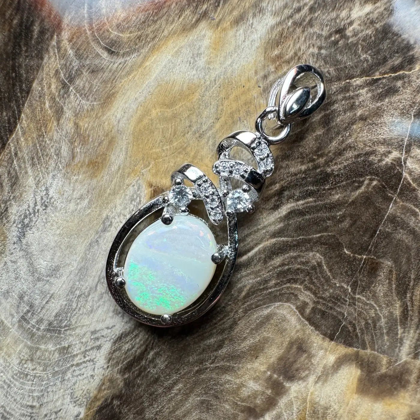 ‘Esperance Tide' ~ Handcrafted 1.6ct Solid Coober Pedy Opal and Cubic Zirconia 925 Sterling Silver Pendant Necklace