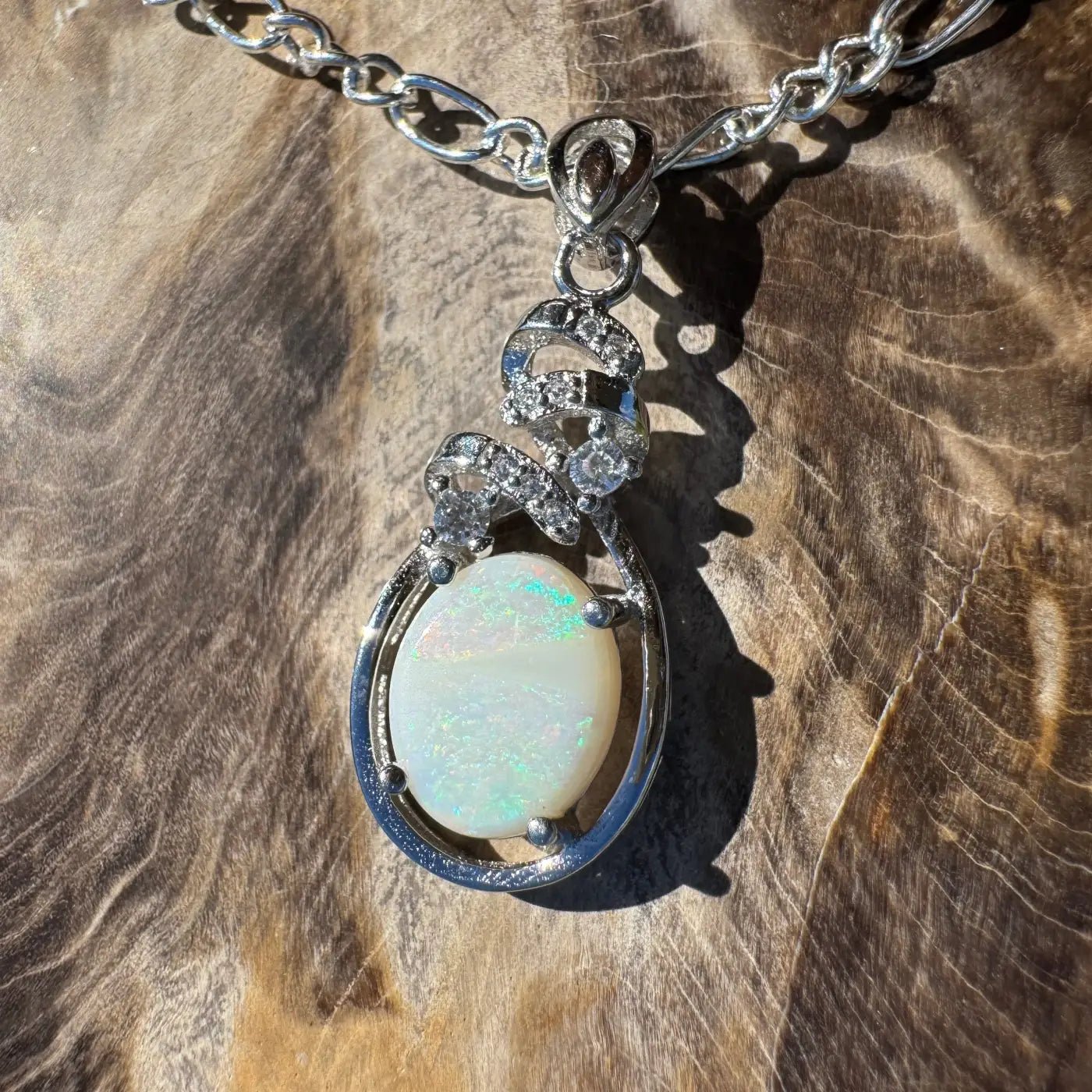 ‘Esperance Tide' ~ Handcrafted 1.6ct Solid Coober Pedy Opal and Cubic Zirconia 925 Sterling Silver Pendant Necklace