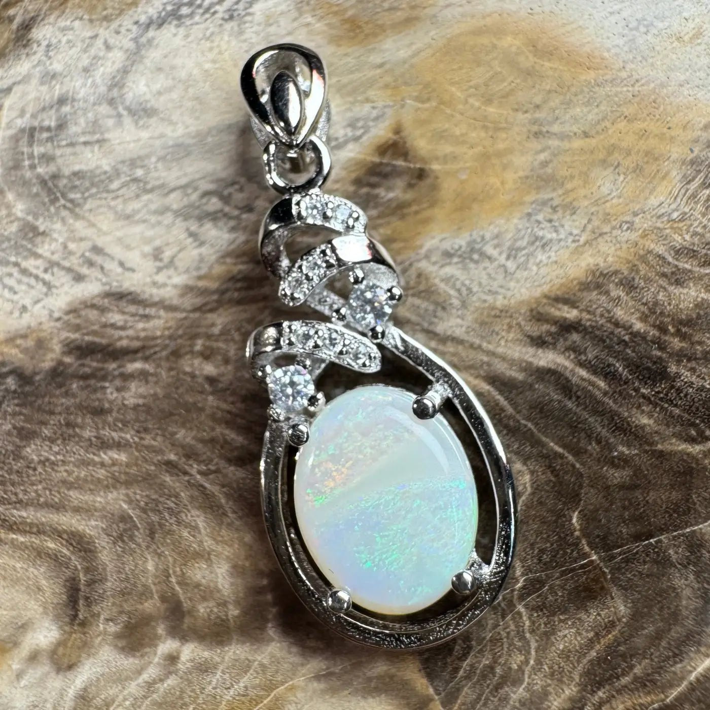 ‘Esperance Tide' ~ Handcrafted 1.6ct Solid Coober Pedy Opal and Cubic Zirconia 925 Sterling Silver Pendant Necklace