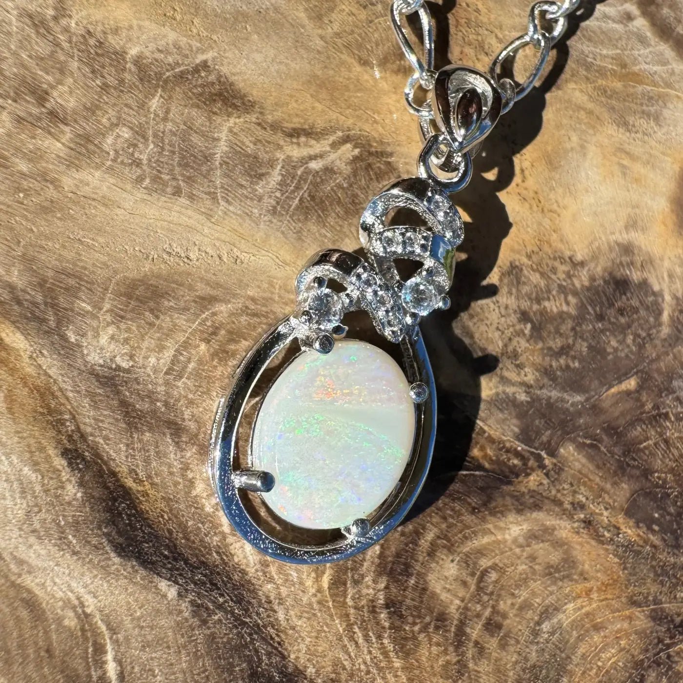 ‘Esperance Tide' ~ Handcrafted 1.6ct Solid Coober Pedy Opal and Cubic Zirconia 925 Sterling Silver Pendant Necklace