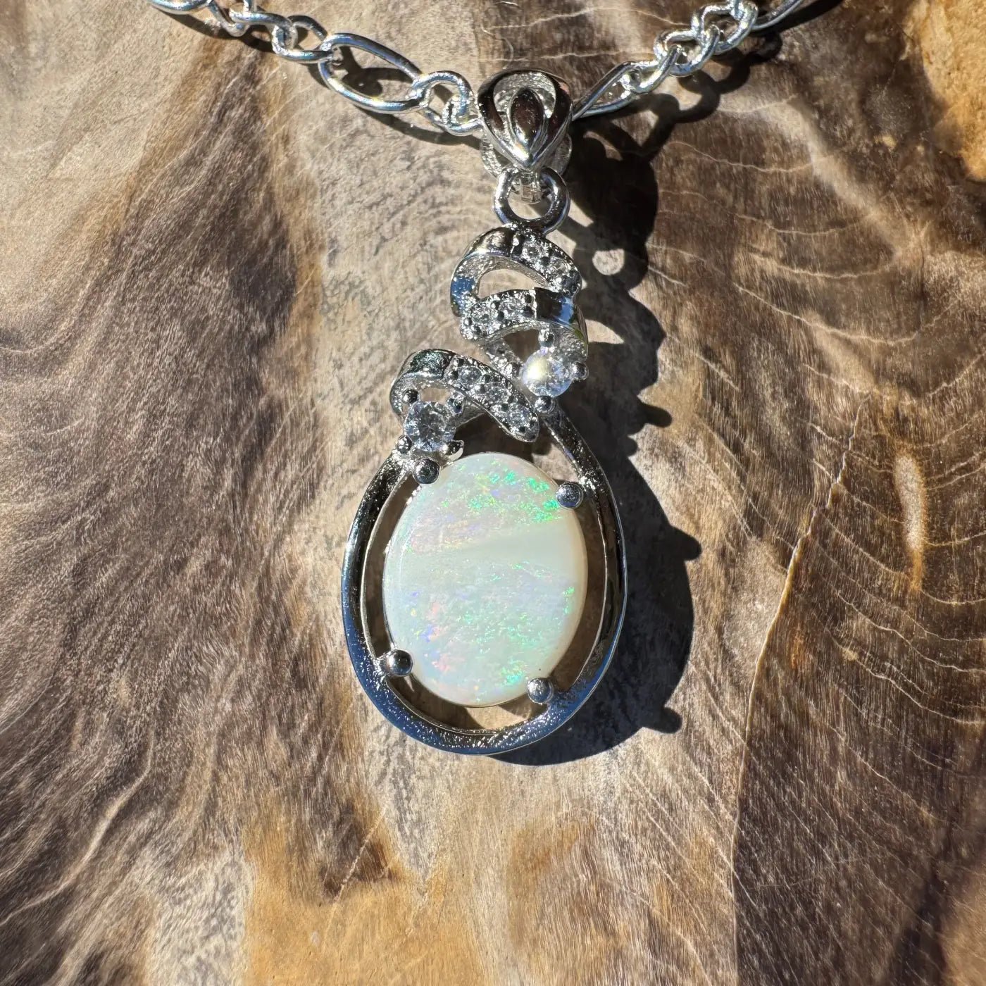 ‘Esperance Tide' ~ Handcrafted 1.6ct Solid Coober Pedy Opal and Cubic Zirconia 925 Sterling Silver Pendant Necklace