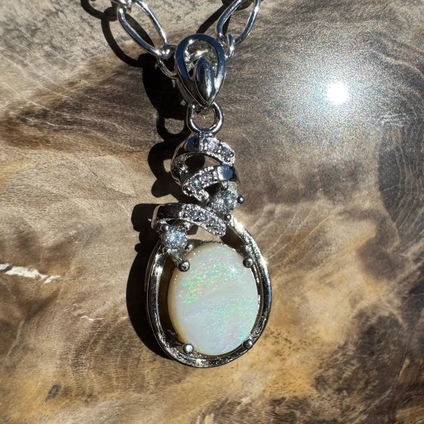 ‘Esperance Tide' ~ Handcrafted 1.6ct Solid Coober Pedy Opal and Cubic Zirconia 925 Sterling Silver Pendant Necklace