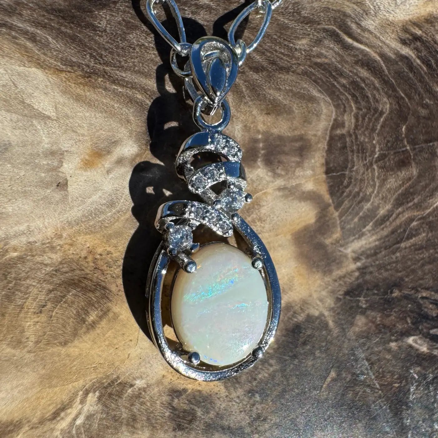 ‘Esperance Tide' ~ Handcrafted 1.6ct Solid Coober Pedy Opal and Cubic Zirconia 925 Sterling Silver Pendant Necklace