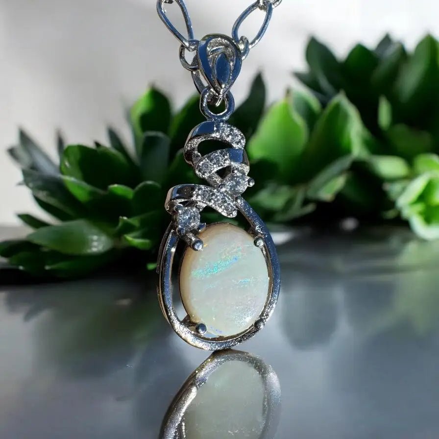 ‘Esperance Tide' ~ Handcrafted 1.6ct Solid Coober Pedy Opal and Cubic Zirconia 925 Sterling Silver Pendant Necklace