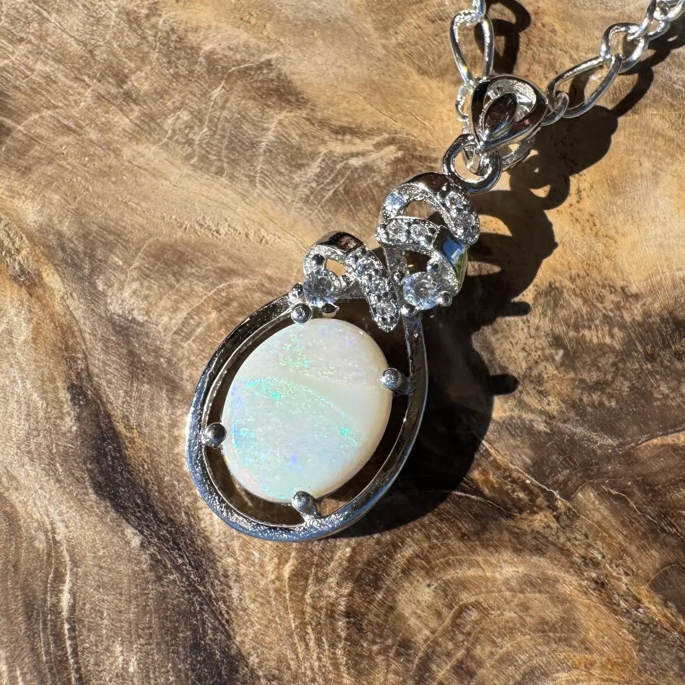 ‘Esperance Tide' ~ Handcrafted 1.6ct Solid Coober Pedy Opal and Cubic Zirconia 925 Sterling Silver Pendant Necklace