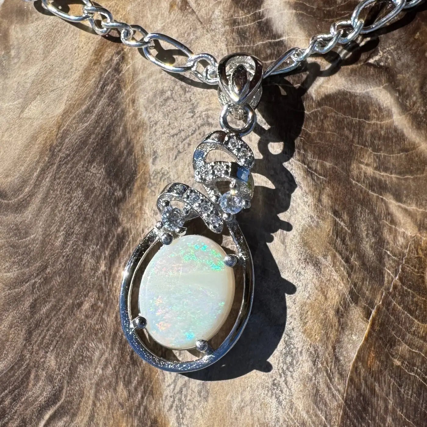 ‘Esperance Tide' ~ Handcrafted 1.6ct Solid Coober Pedy Opal and Cubic Zirconia 925 Sterling Silver Pendant Necklace