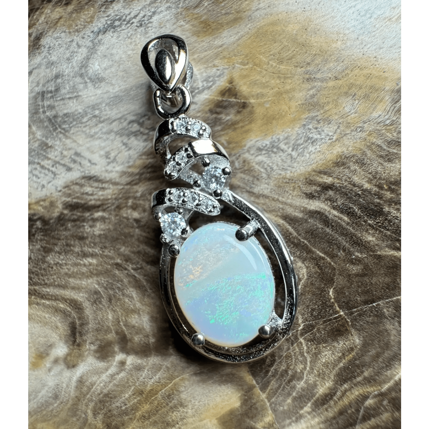 ‘Esperance Tide' ~ Handcrafted 1.6ct Solid Coober Pedy Opal and Cubic Zirconia 925 Sterling Silver Pendant Necklace