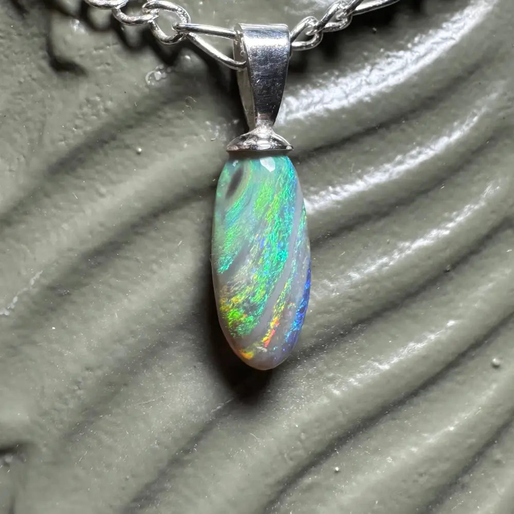 Ir idescent opal pendant with sterling silver chain from Eucalyptus Whisper collection