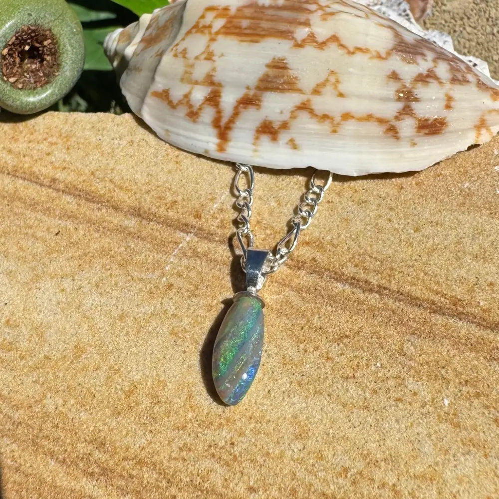 Eucalyptus Whisper handcrafted sterling silver pendant featuring a 2.1ct Lightning Ridge Opal