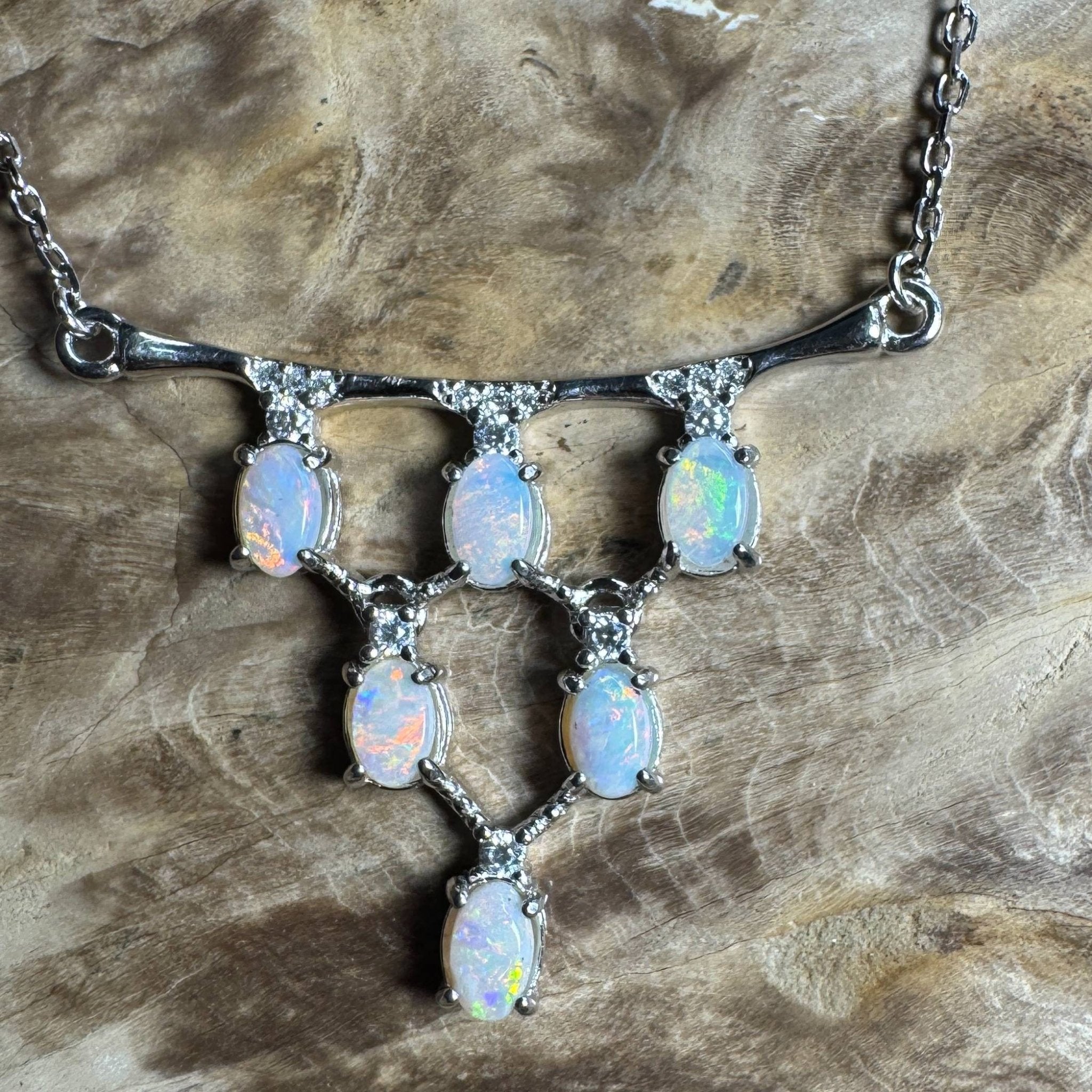 Eyre Desert Light ~ 2.4ct Solid Lightning Ridge Opal and Cubic Zirconia 925 Silver Pendant Necklace