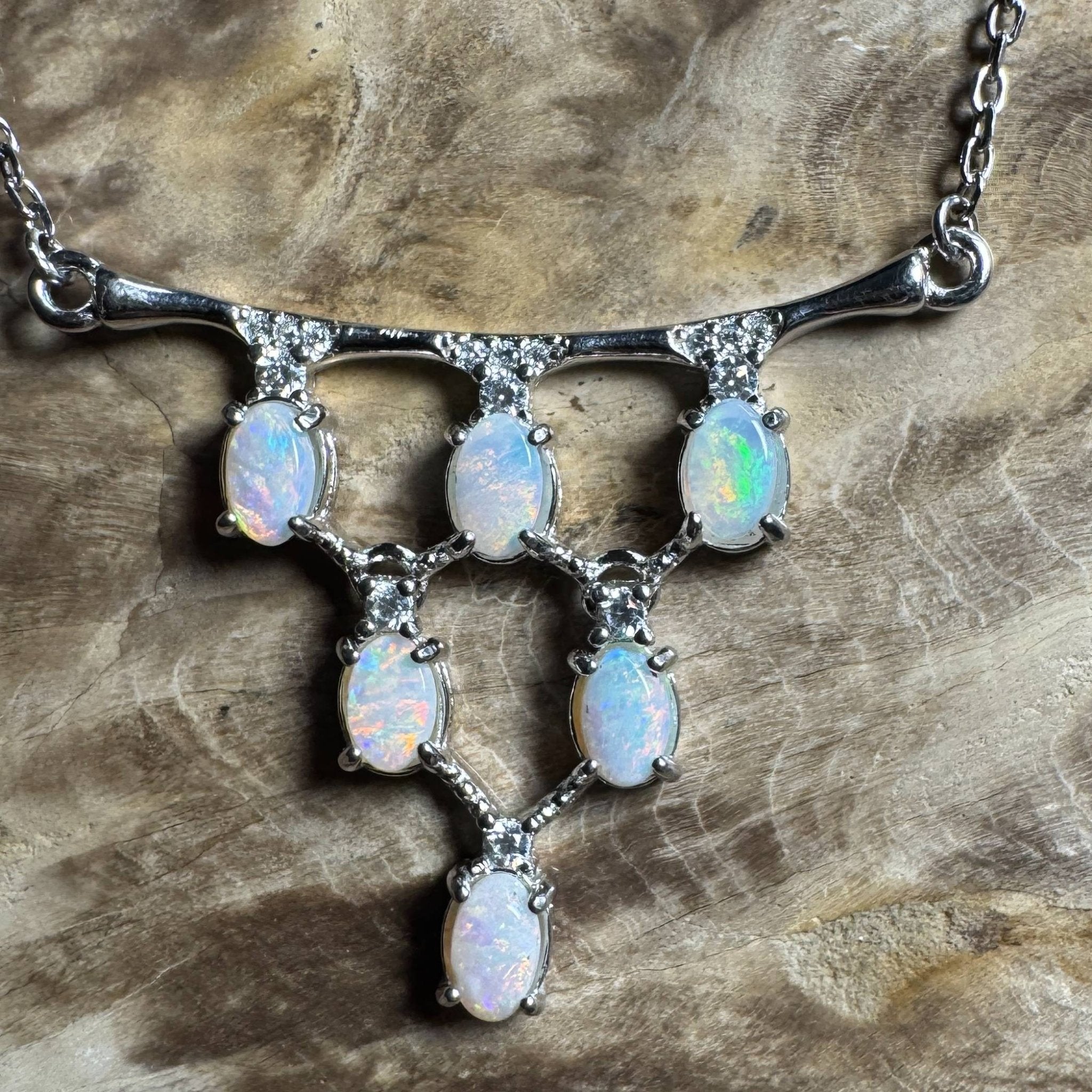 Eyre Desert Light ~ 2.4ct Solid Lightning Ridge Opal and Cubic Zirconia 925 Silver Pendant Necklace