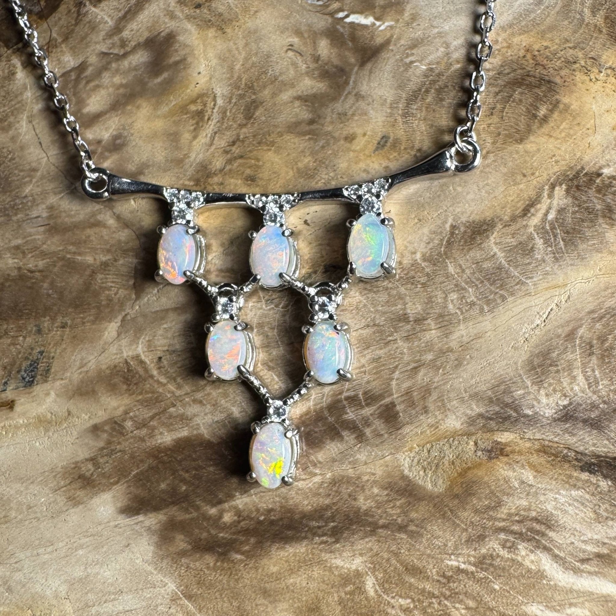 Eyre Desert Light ~ 2.4ct Solid Lightning Ridge Opal and Cubic Zirconia 925 Silver Pendant Necklace