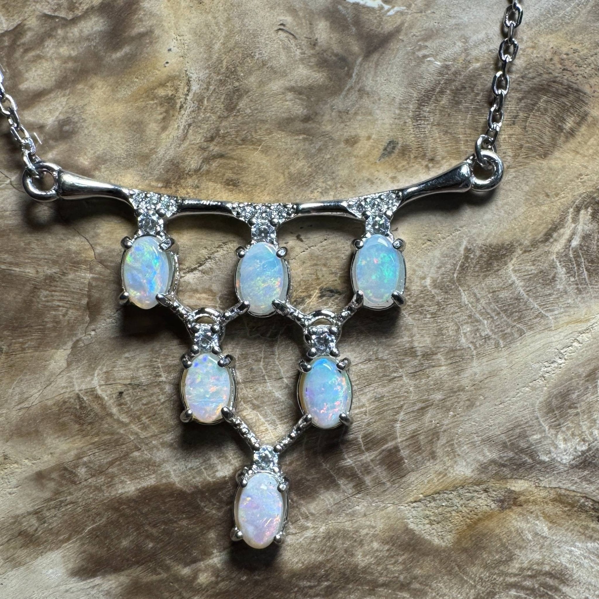 Eyre Desert Light ~ 2.4ct Solid Lightning Ridge Opal and Cubic Zirconia 925 Silver Pendant Necklace