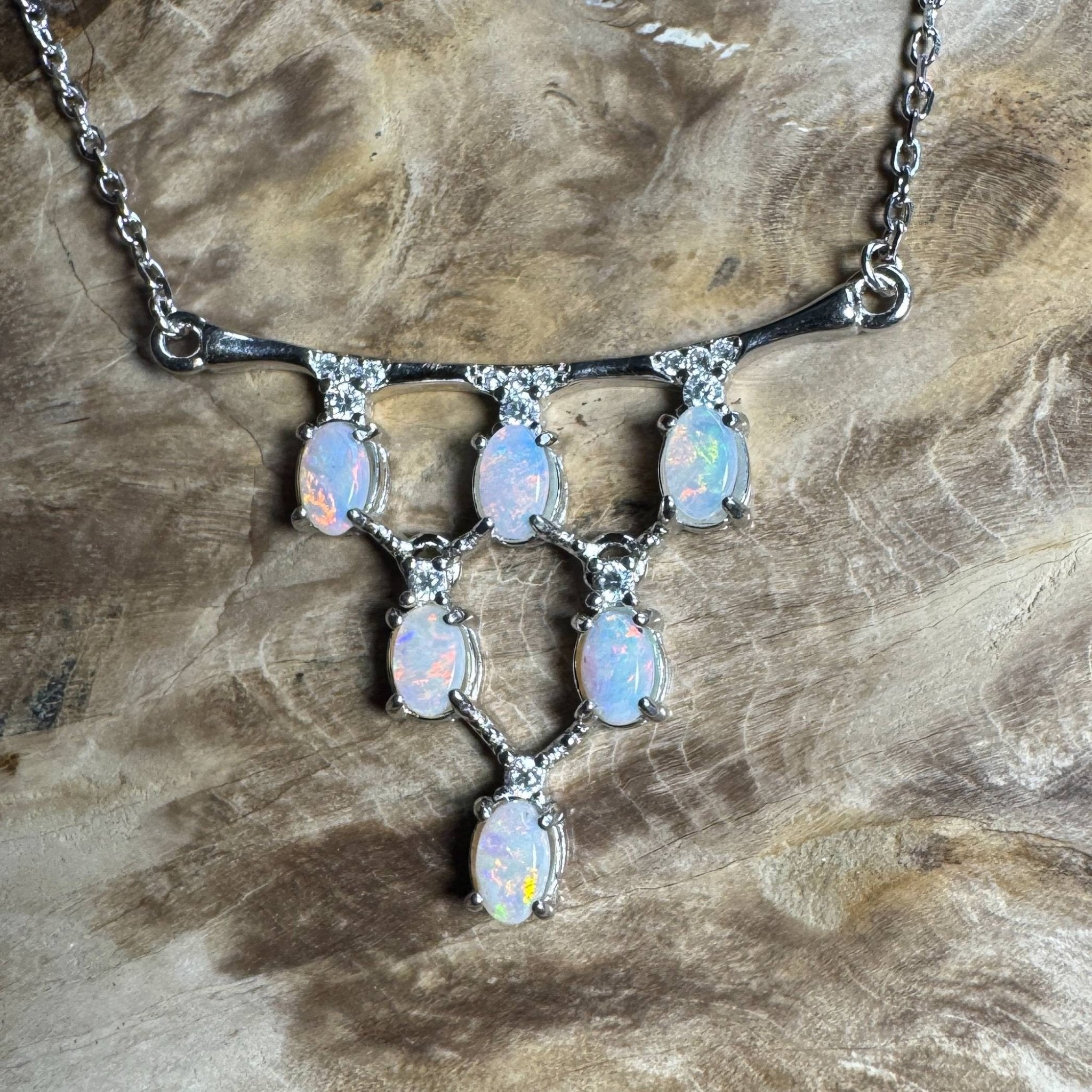 Eyre Desert Light ~ 2.4ct Solid Lightning Ridge Opal and Cubic Zirconia 925 Silver Pendant Necklace