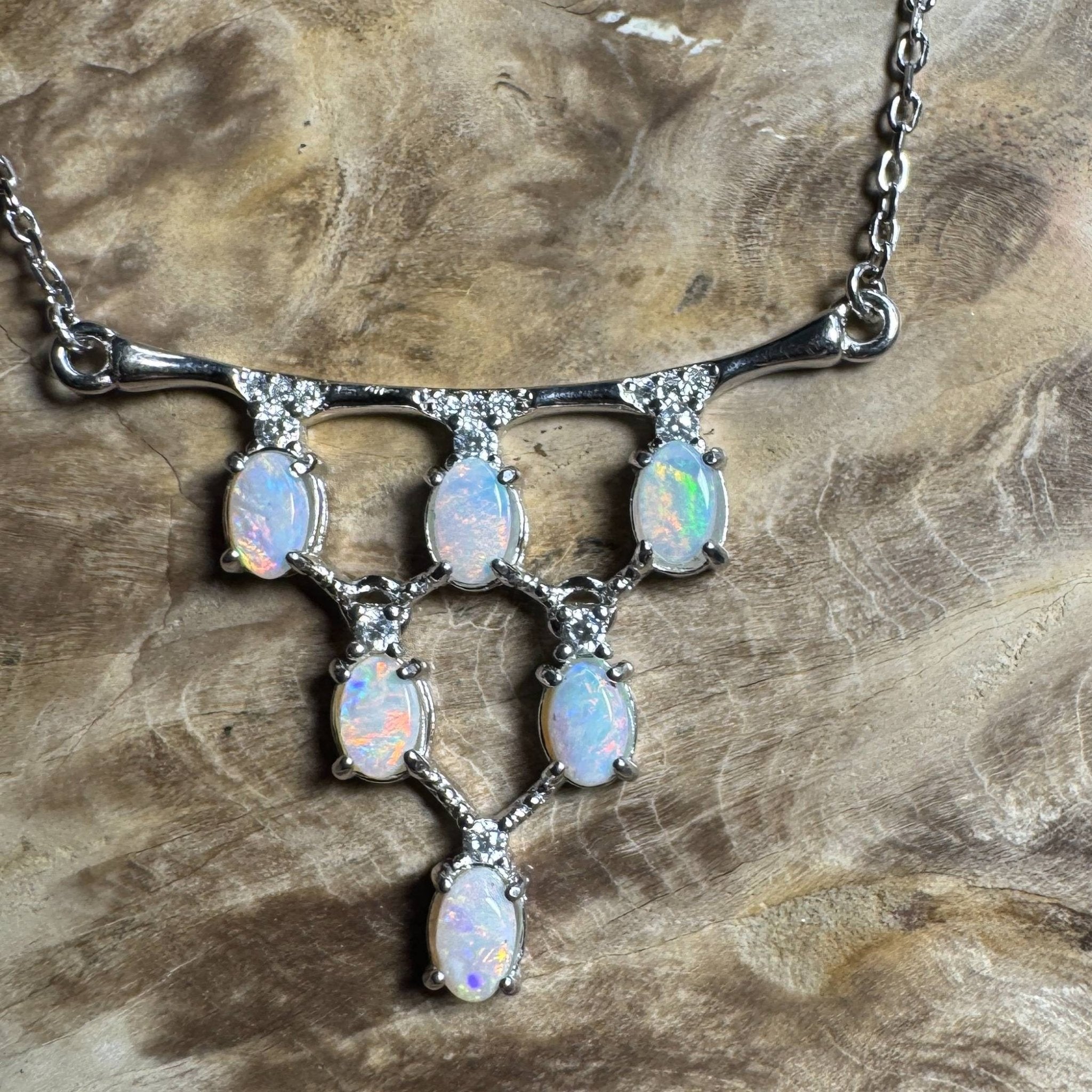 Eyre Desert Light ~ 2.4ct Solid Lightning Ridge Opal and Cubic Zirconia 925 Silver Pendant Necklace
