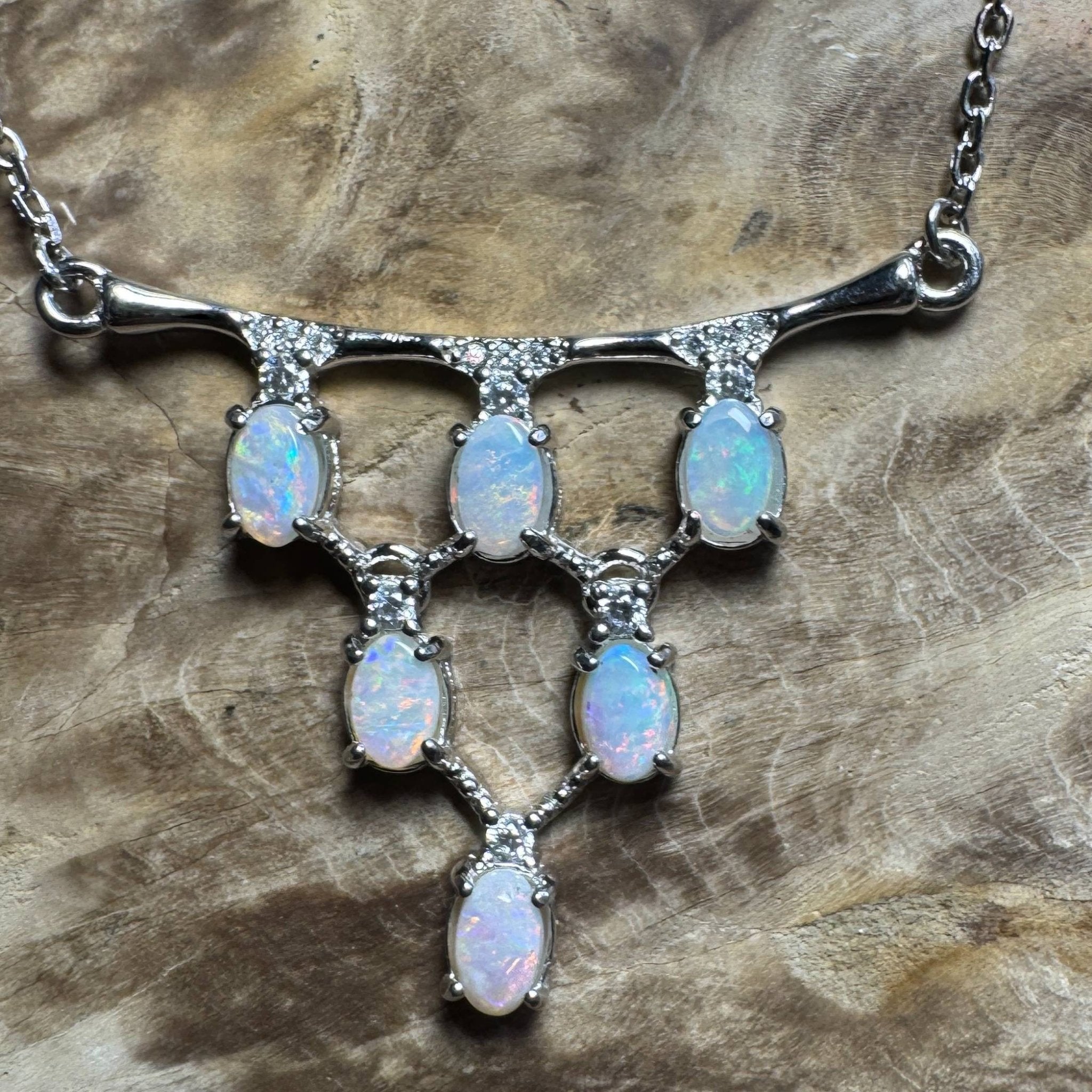 Eyre Desert Light ~ 2.4ct Solid Lightning Ridge Opal and Cubic Zirconia 925 Silver Pendant Necklace