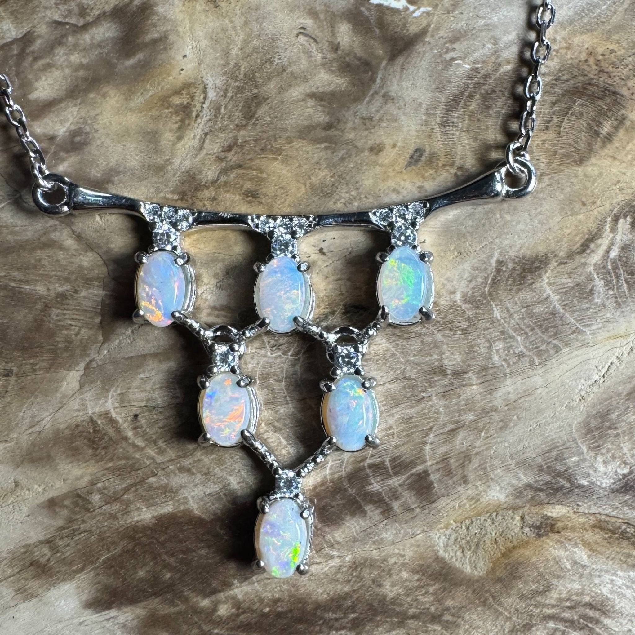 Eyre Desert Light ~ 2.4ct Solid Lightning Ridge Opal and Cubic Zirconia 925 Silver Pendant Necklace