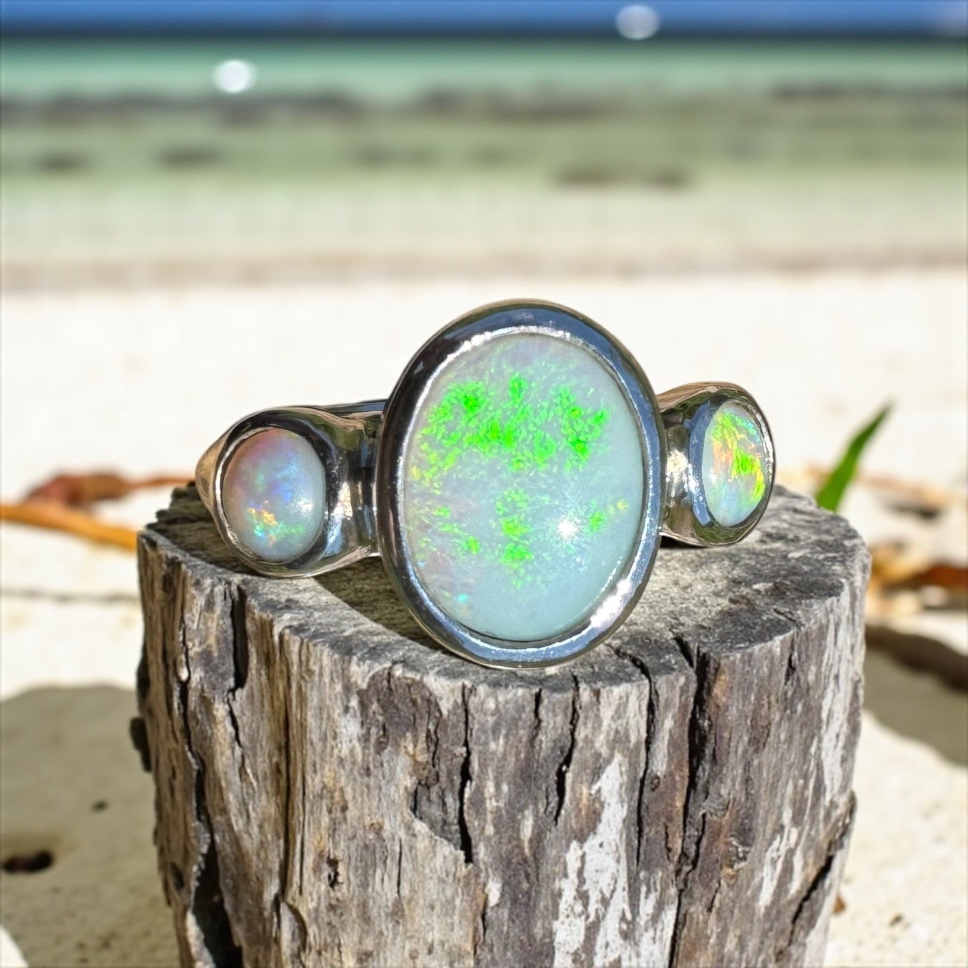 Eyre Peninsula Trio – 3.2ct Solid Mintabie Opal 925 Sterling Silver Trio Ring