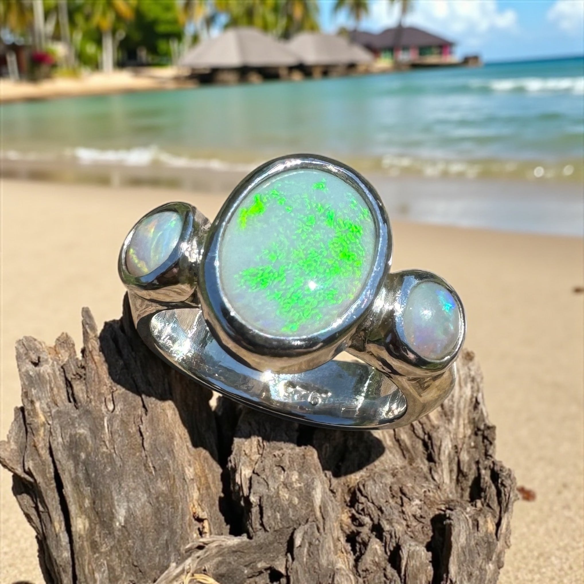 Eyre Peninsula Trio – 3.2ct Solid Mintabie Opal 925 Sterling Silver Trio Ring