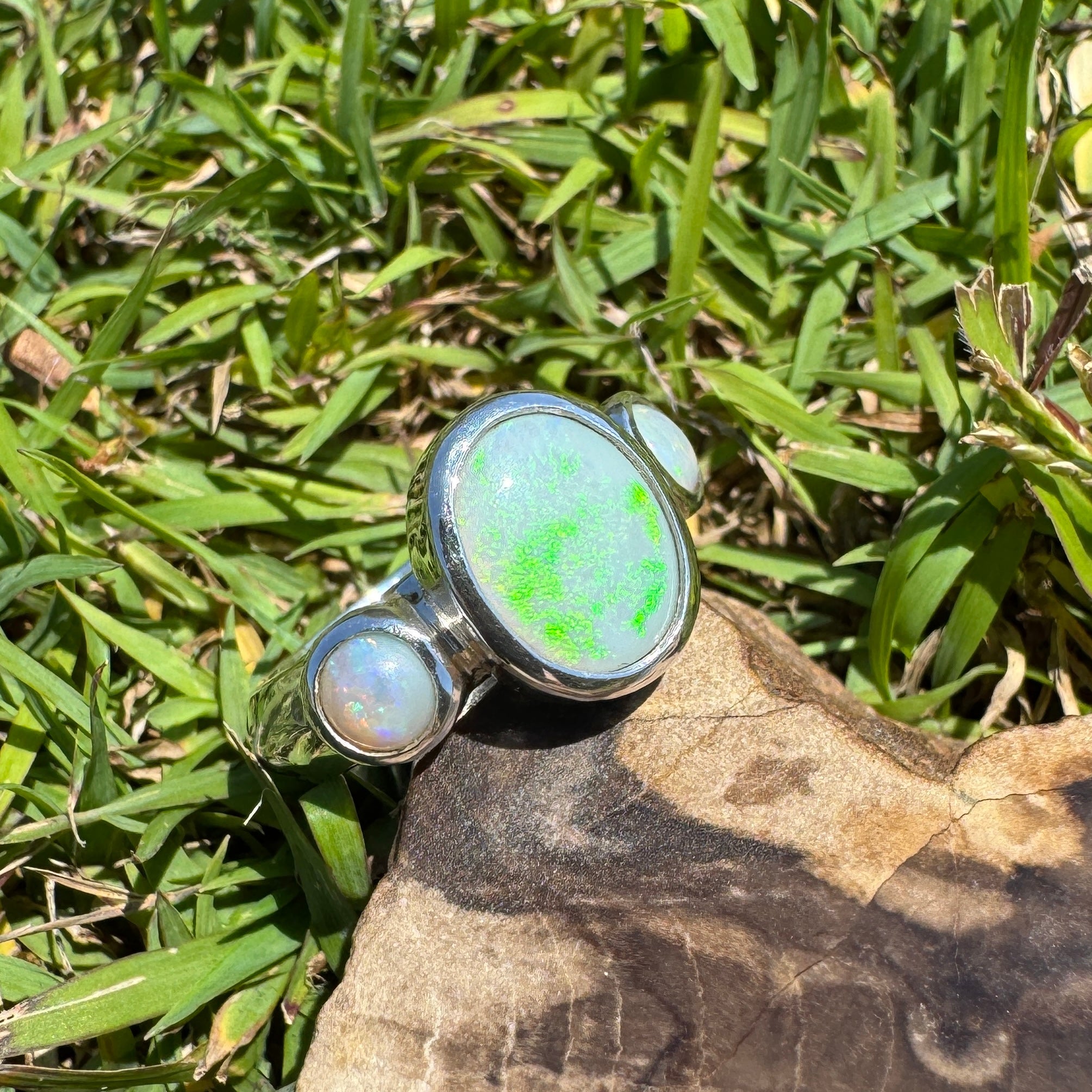 Eyre Peninsula Trio – 3.2ct Solid Mintabie Opal 925 Sterling Silver Trio Ring