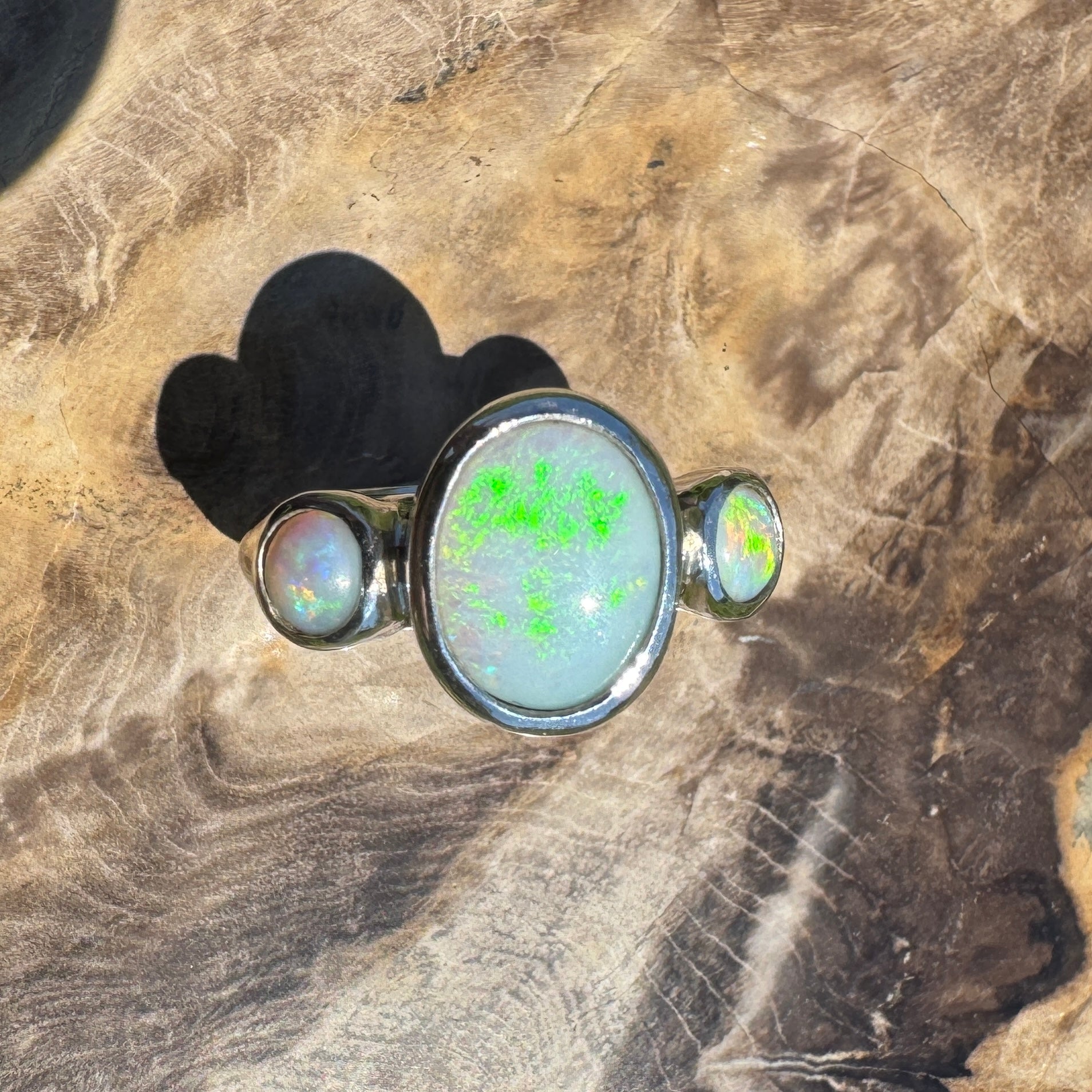 Eyre Peninsula Trio – 3.2ct Solid Mintabie Opal 925 Sterling Silver Trio Ring