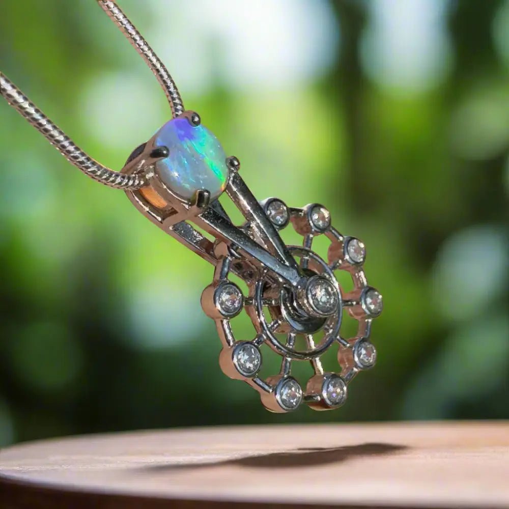 ‘Fair Fun' ~ Handcrafted 0.7ct Solid Lightning Ridge Opal and Cubic Zirconia 925 Sterling Silver Spinning Ferris Wheel Pendant