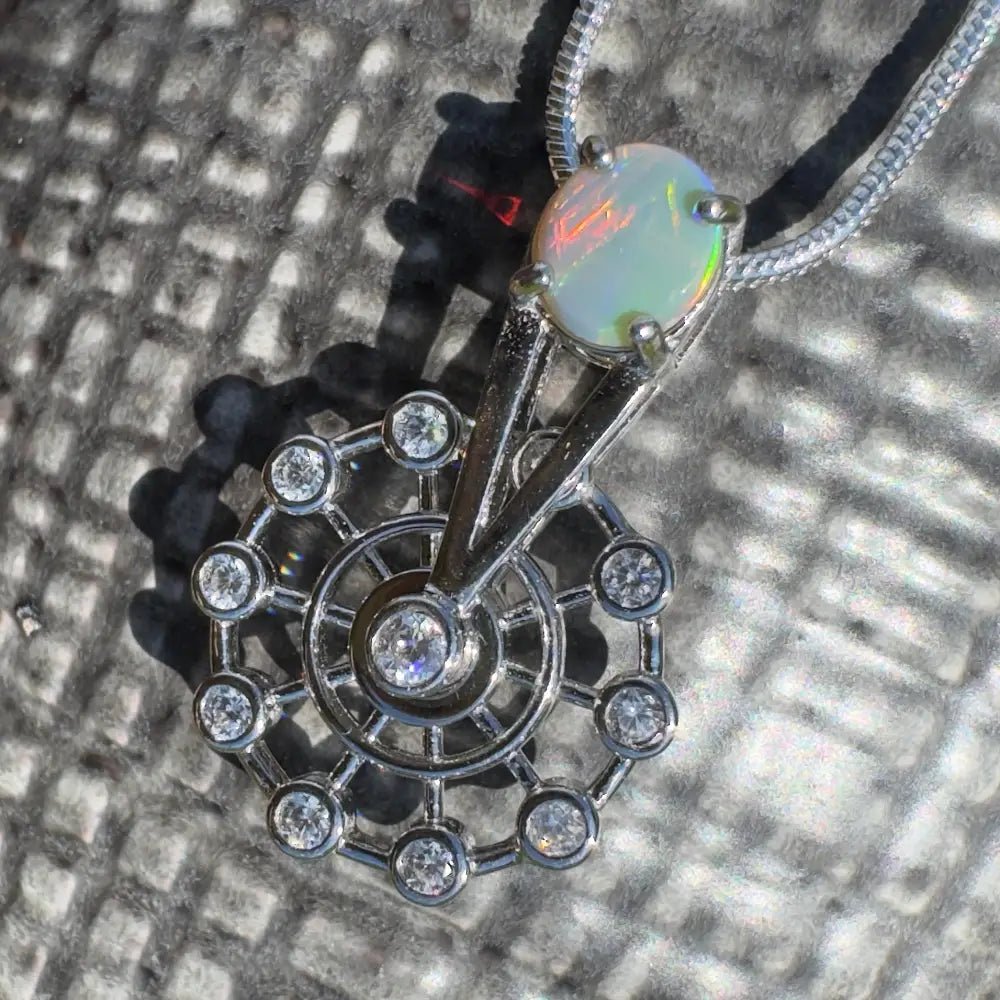 ‘Fair Fun' ~ Handcrafted 0.7ct Solid Lightning Ridge Opal and Cubic Zirconia 925 Sterling Silver Spinning Ferris Wheel Pendant
