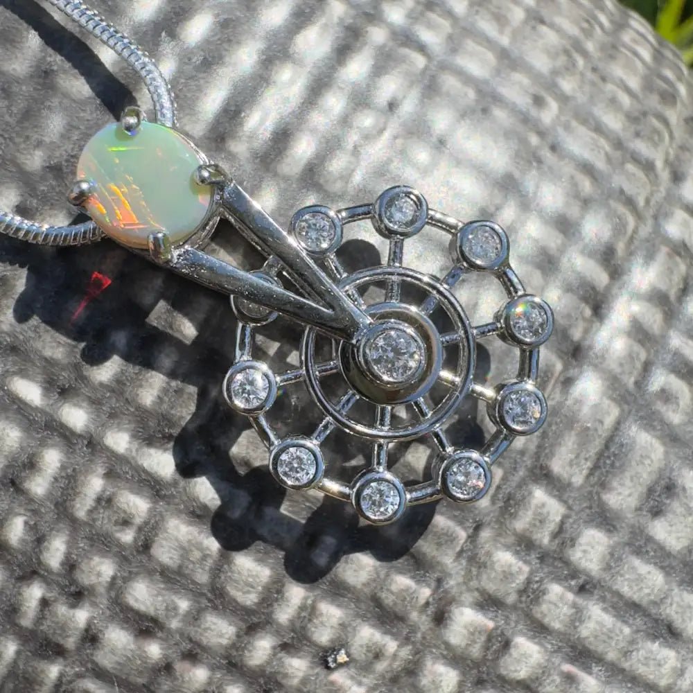 ‘Fair Fun' ~ Handcrafted 0.7ct Solid Lightning Ridge Opal and Cubic Zirconia 925 Sterling Silver Spinning Ferris Wheel Pendant