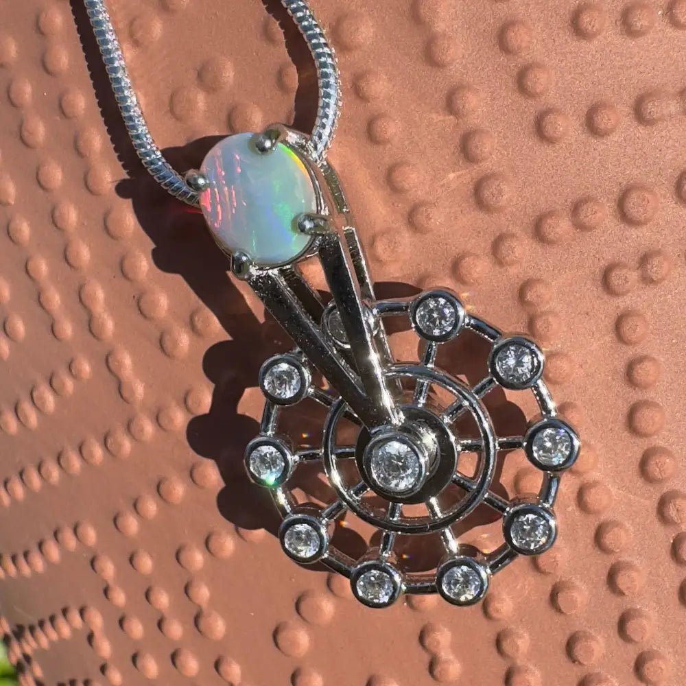 ‘Fair Fun' ~ Handcrafted 0.7ct Solid Lightning Ridge Opal and Cubic Zirconia 925 Sterling Silver Spinning Ferris Wheel Pendant
