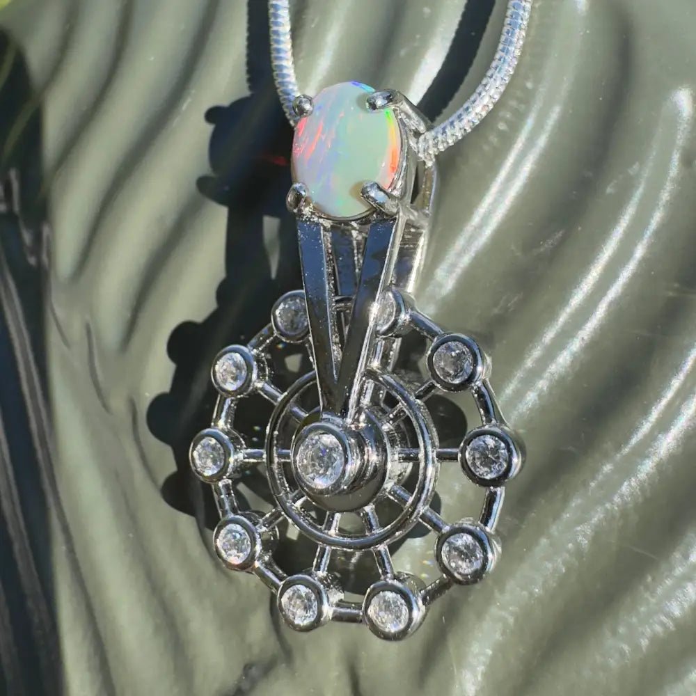 ‘Fair Fun' ~ Handcrafted 0.7ct Solid Lightning Ridge Opal and Cubic Zirconia 925 Sterling Silver Spinning Ferris Wheel Pendant