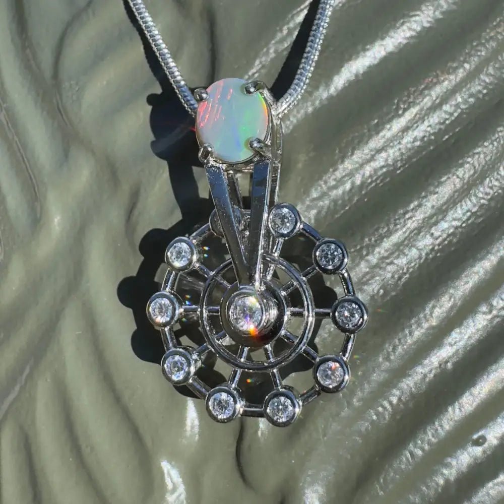 ‘Fair Fun' ~ Handcrafted 0.7ct Solid Lightning Ridge Opal and Cubic Zirconia 925 Sterling Silver Spinning Ferris Wheel Pendant
