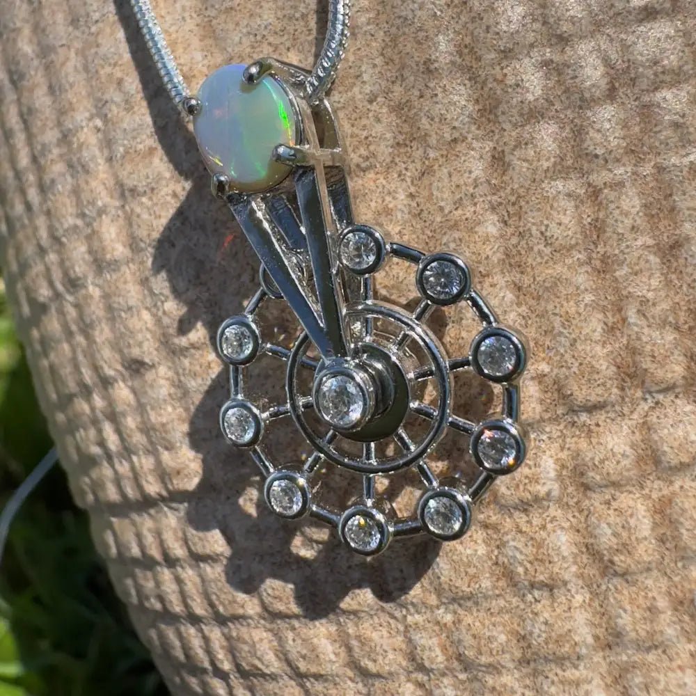 ‘Fair Fun' ~ Handcrafted 0.7ct Solid Lightning Ridge Opal and Cubic Zirconia 925 Sterling Silver Spinning Ferris Wheel Pendant