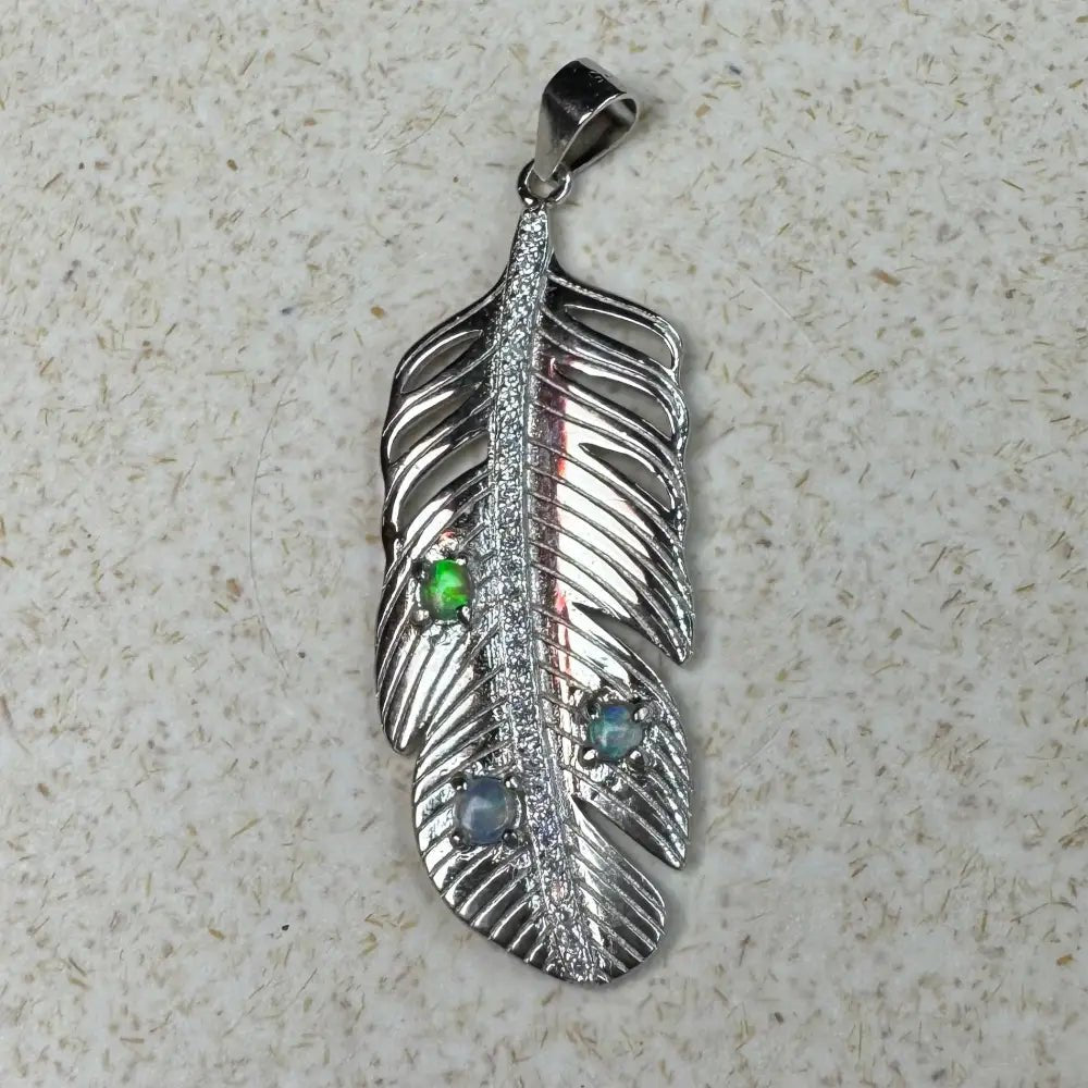 'Fern of Serenity' ~ Handcrafted 0.6ct Solid Lightning Ridge Opal and Cubic Zirconia 925 Sterling Silver Fern Pendant Necklace