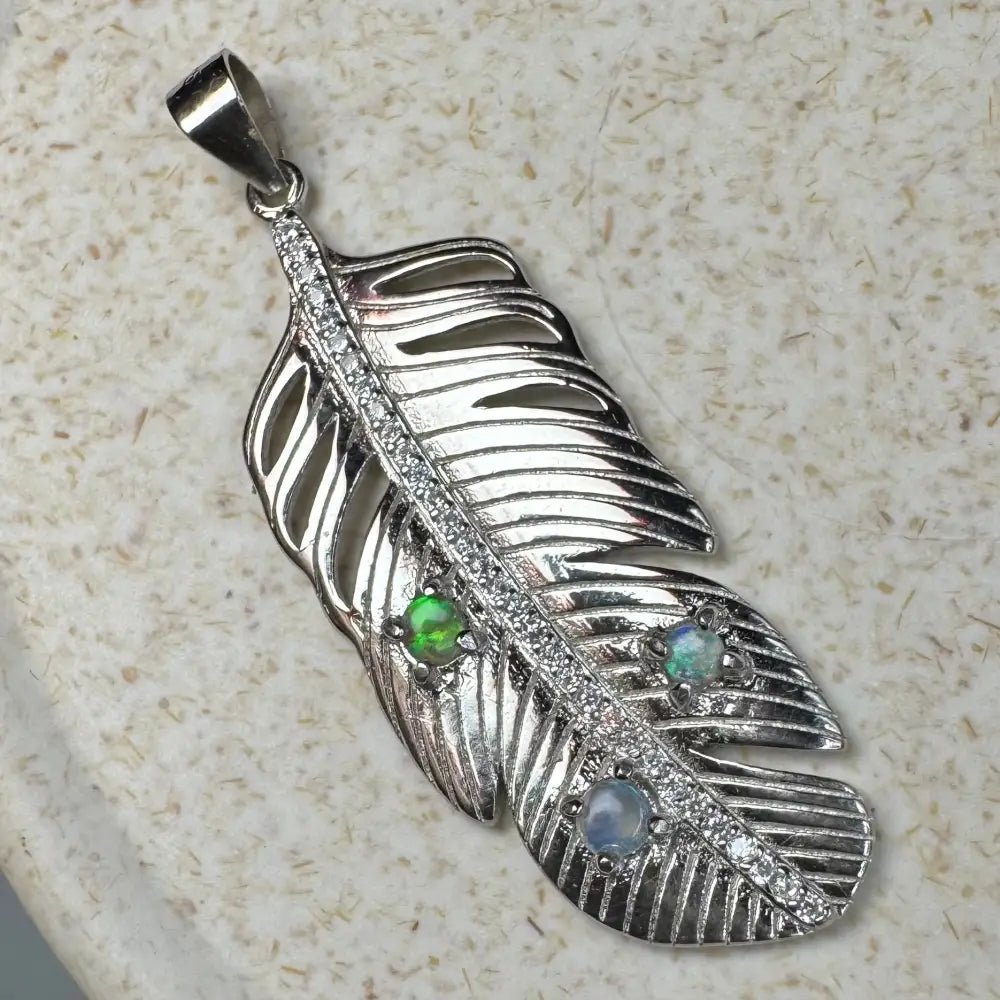 'Fern of Serenity' ~ Handcrafted 0.6ct Solid Lightning Ridge Opal and Cubic Zirconia 925 Sterling Silver Fern Pendant Necklace