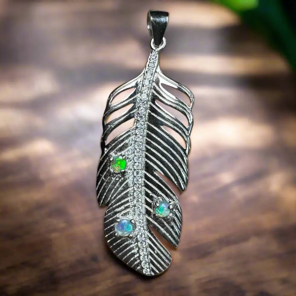 'Fern of Serenity' ~ Handcrafted 0.6ct Solid Lightning Ridge Opal and Cubic Zirconia 925 Sterling Silver Fern Pendant Necklace