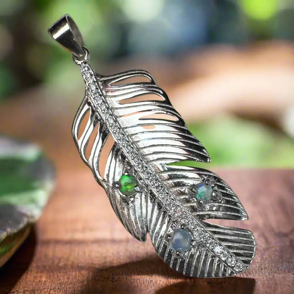 'Fern of Serenity' ~ Handcrafted 0.6ct Solid Lightning Ridge Opal and Cubic Zirconia 925 Sterling Silver Fern Pendant Necklace