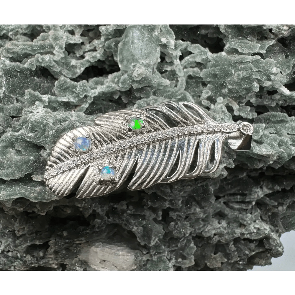 'Fern of Serenity' ~ Handcrafted 0.6ct Solid Lightning Ridge Opal and Cubic Zirconia 925 Sterling Silver Fern Pendant Necklace