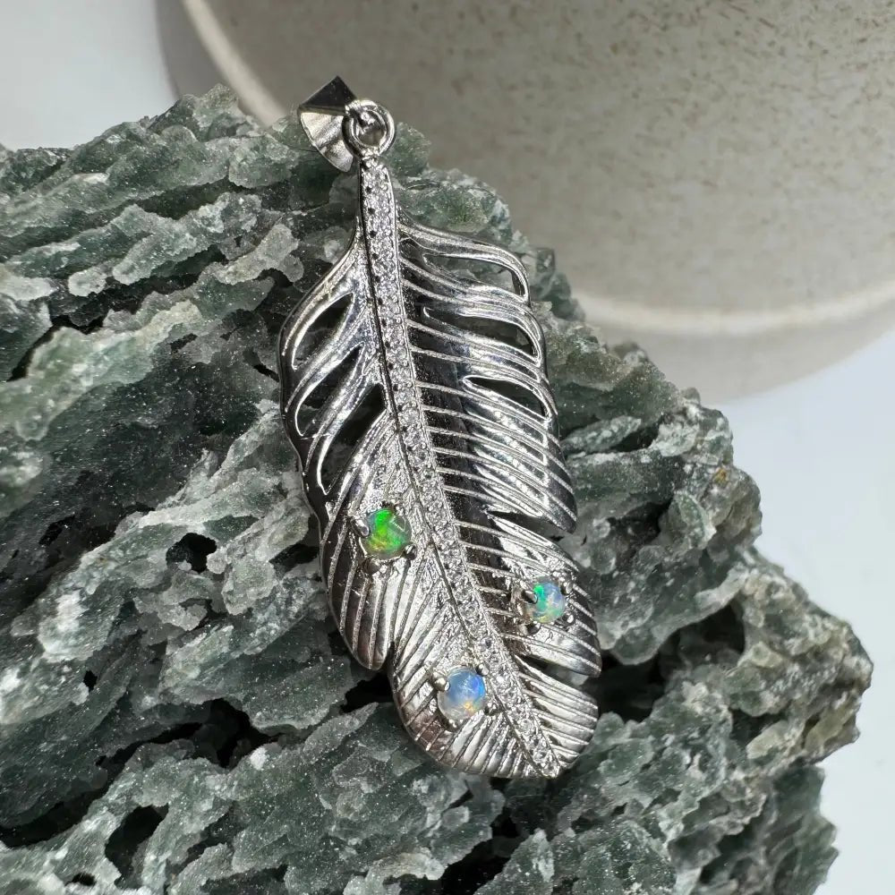 'Fern of Serenity' ~ Handcrafted 0.6ct Solid Lightning Ridge Opal and Cubic Zirconia 925 Sterling Silver Fern Pendant Necklace