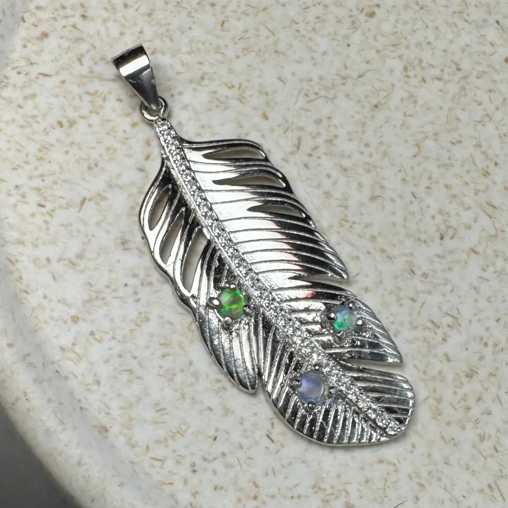 'Fern of Serenity' ~ Handcrafted 0.6ct Solid Lightning Ridge Opal and Cubic Zirconia 925 Sterling Silver Fern Pendant Necklace