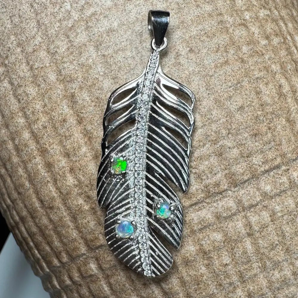 'Fern of Serenity' ~ Handcrafted 0.6ct Solid Lightning Ridge Opal and Cubic Zirconia 925 Sterling Silver Fern Pendant Necklace