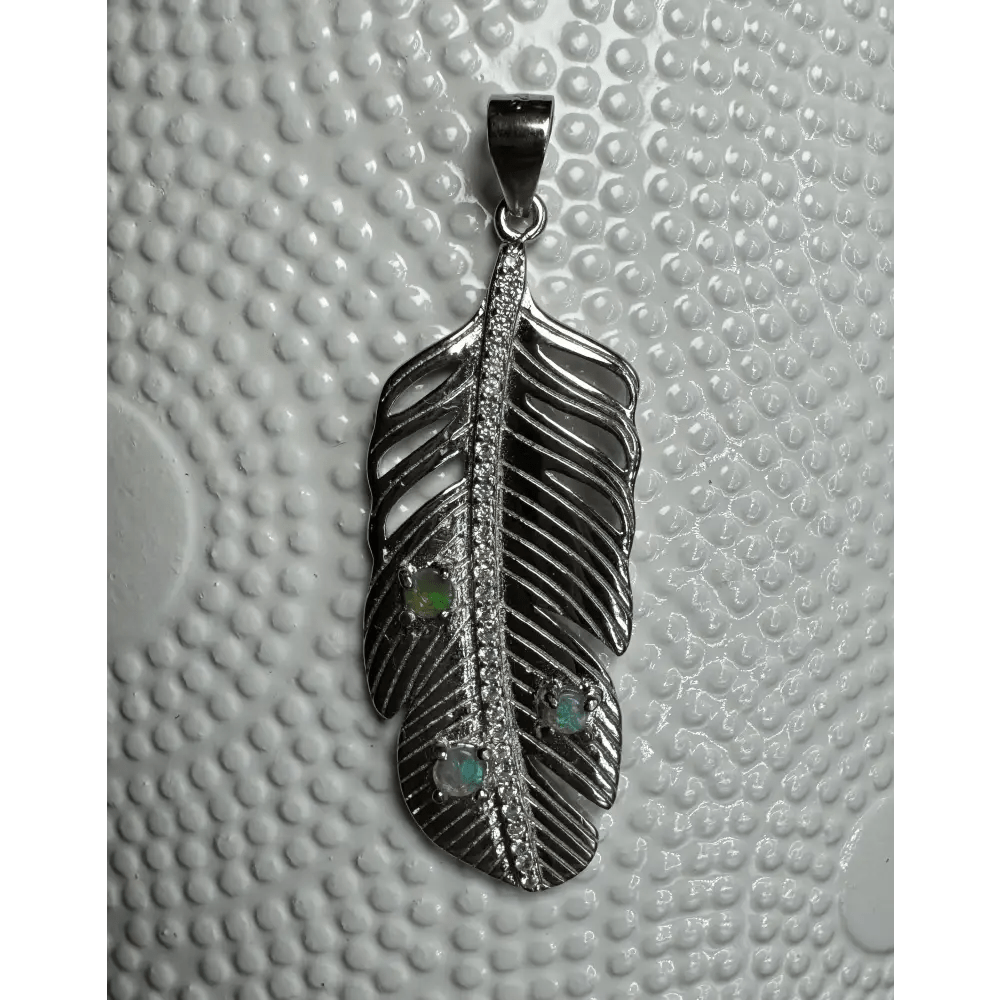 'Fern of Serenity' ~ Handcrafted 0.6ct Solid Lightning Ridge Opal and Cubic Zirconia 925 Sterling Silver Fern Pendant Necklace